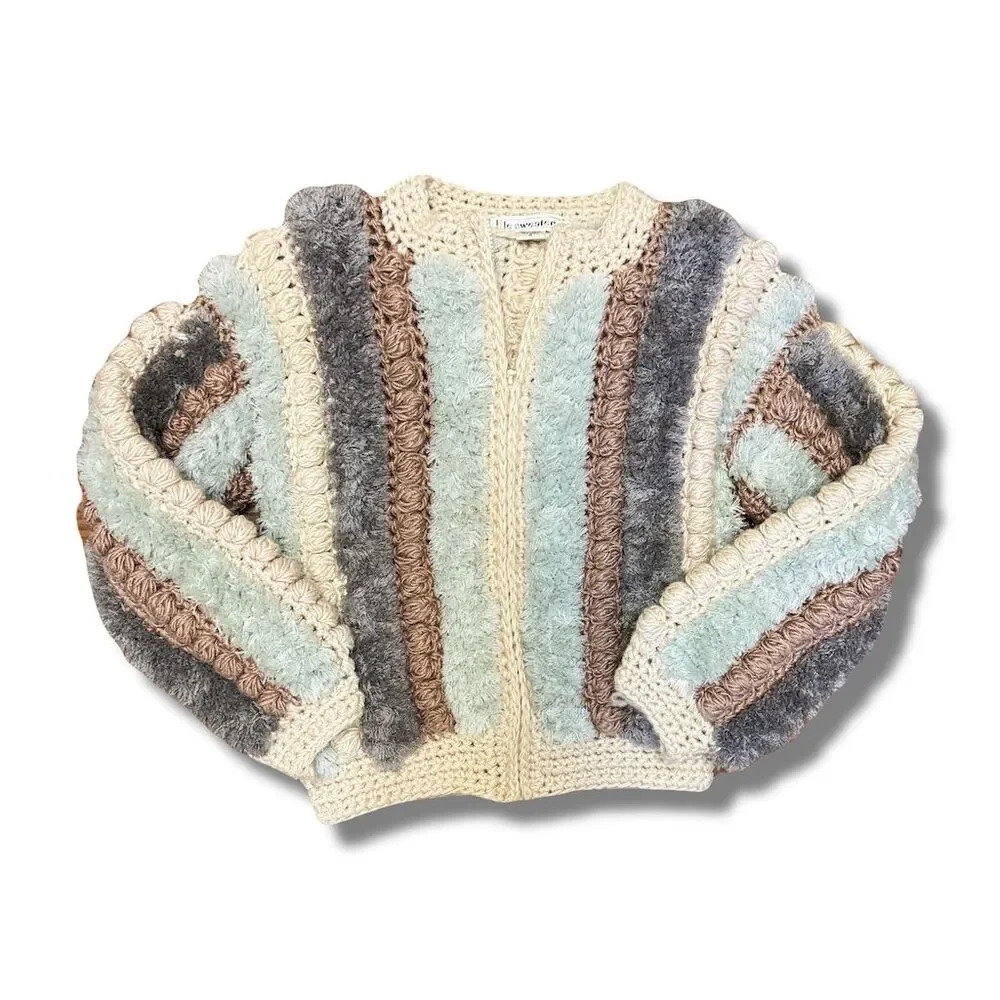 Vintage Le Sweater Women's S Striped Hand Knit Pom Pom Cardigan - Picture 4 of 7